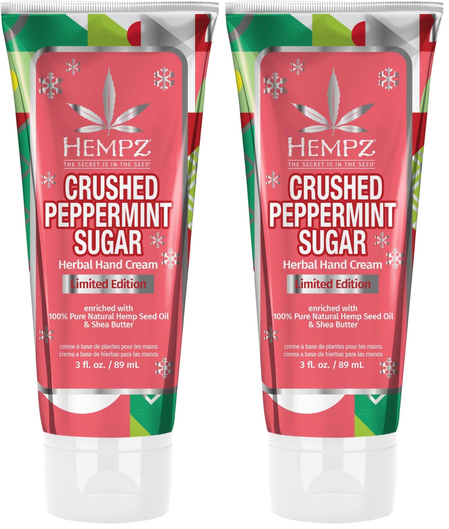 Hempz Crushed Peppermint Sugar Hydrating Hand Cream, Travel Size, Holiday Gift for Men and Women, 3 oz (Pack of 2)