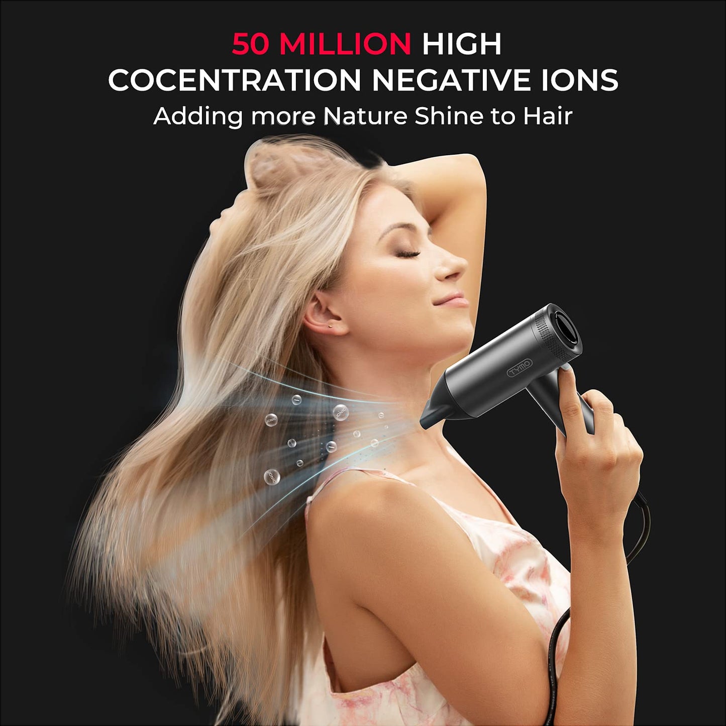 TYMO Blow Dryer with Comb - 1500W Professional High Speed Blow Dryer with Diffuser, 110,000RPM Fast Dry, 200 Million Ionic Diffuser Hairdryer, 4 Temps & 3 Speeds, 8 Ft Cord for Salon, Graphite