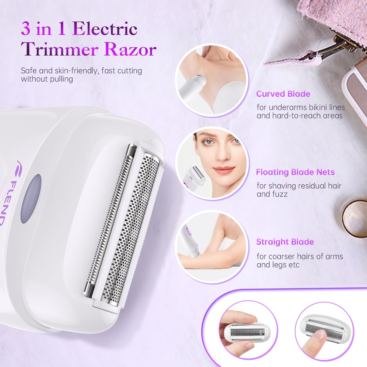 Epilator,Epilators Hair Removal for Women, 2 in 1 Hair Removal Device with LED Light & USB Rechargeable, Electric Shaver for Legs,Underarms,Bikini and Full Body, Purple