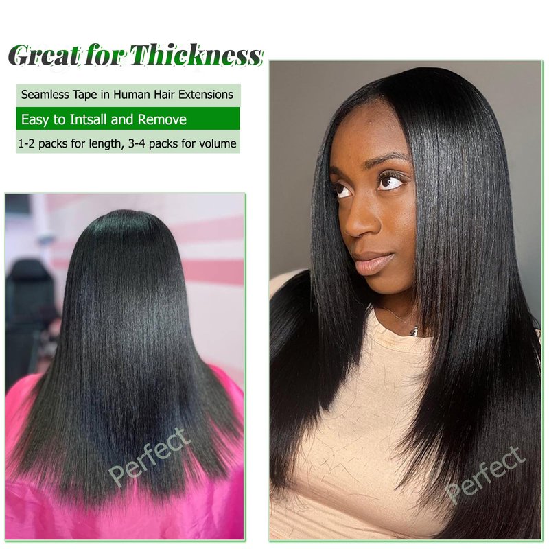 Yaki Tape in Extensions Human Hair Double Sided Relaxed Straight Black Real Remy Tape in Hair Extensions for Black Women Full Head 16 Inch Yaki Straight Tape in Bundles Natural Black 50g 20pcs