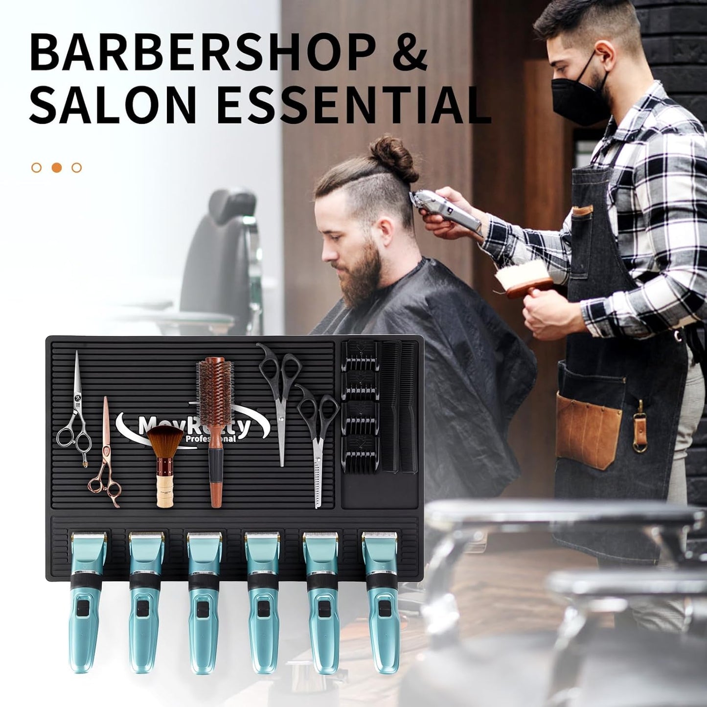 Magnetic Barber Mat for Clippers - 6 Strong Organizer Stations | Anti-Skid Rubber, 18.9" x 12.6", Black