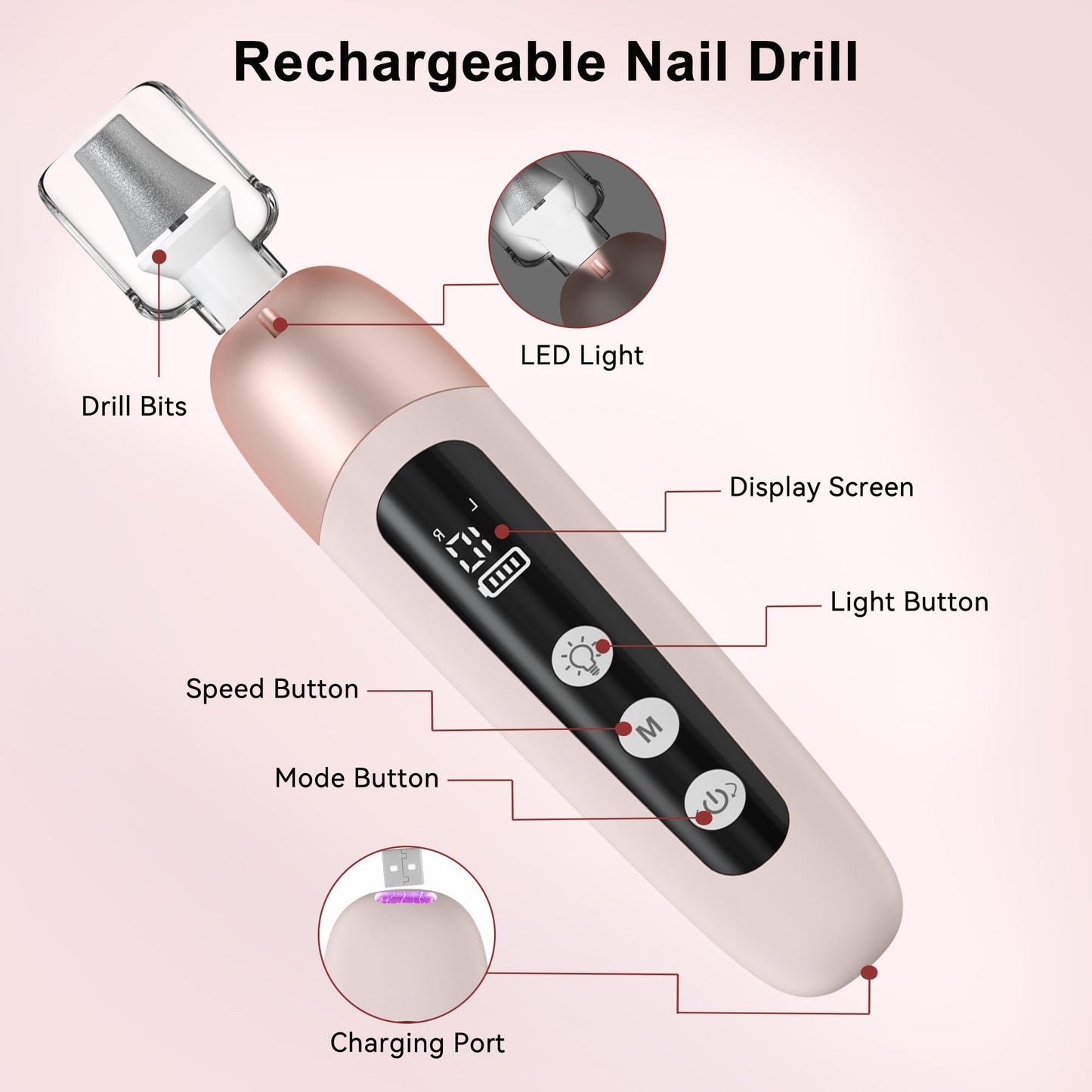 Atopskins Electric Nail Drill Cordless Nail File Professional Manicure Pedicure Kit, 9 in 1 Hand Foot Rechargeable Care Tool, 10 Speeds Electric Nail File Grinder for Thick Toenail Trim Polish Pink