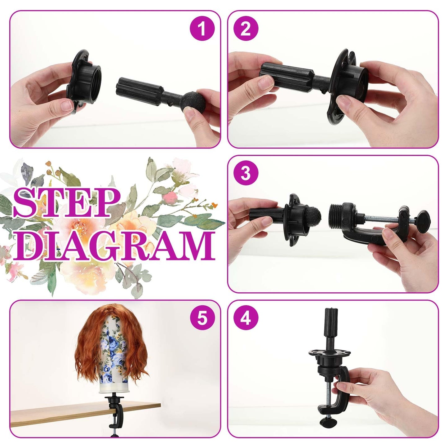 DoubleFill 2-Piece Mannequin Heads for Wigs - 22 Inch Canvas Wig Heads with Mount Hole Pins & 2 C Clamp Stand Holder for Lace Wig Making & Display (Floral)