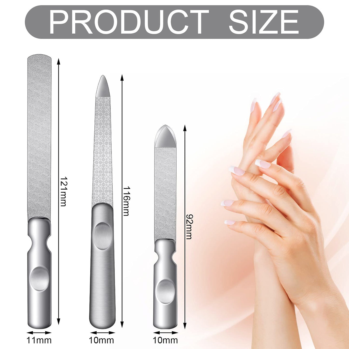 3 Pcs Stainless Steel Nail Files Kit with Leather Case, Double Sided Metal Nail Files with Anti-Slip Handle for Women and Men, Metal File Buffer Manicure Pedicure Tools for Fingernail Toenail(Pink)