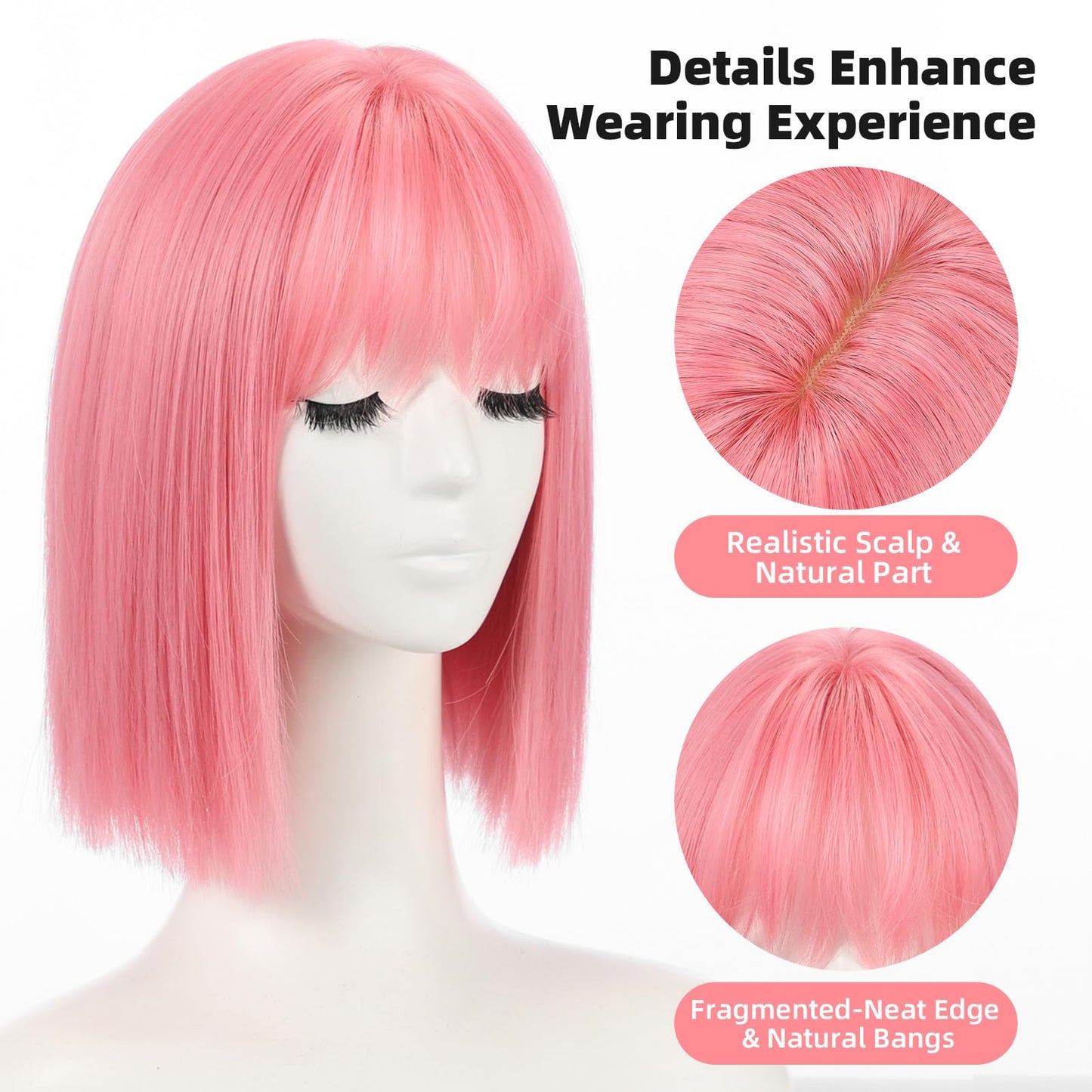 Allbell Pink Bob Wig for Women Short with Bangs 12 inch