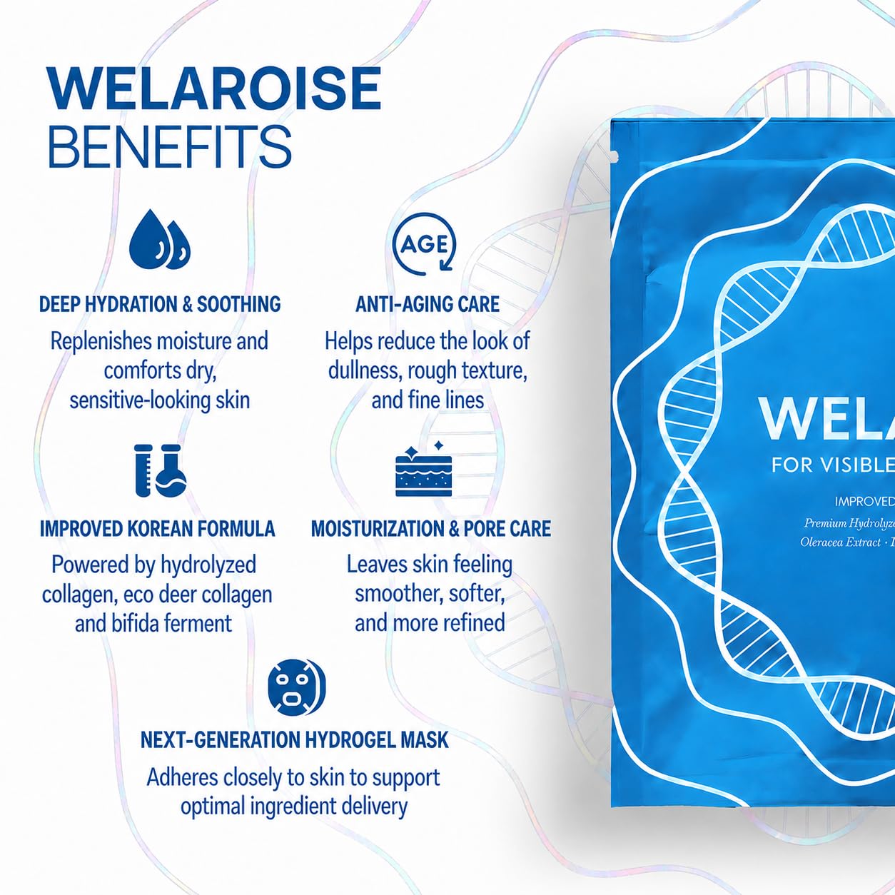Welaroise Bio Protein Collagen Hydrogel Deep Face Mask +35% More Collagen, Intense Hydration & Moisturization, Firming, Anti-Aging, Skin Renewal, Korean Skincare (Pack of 16)