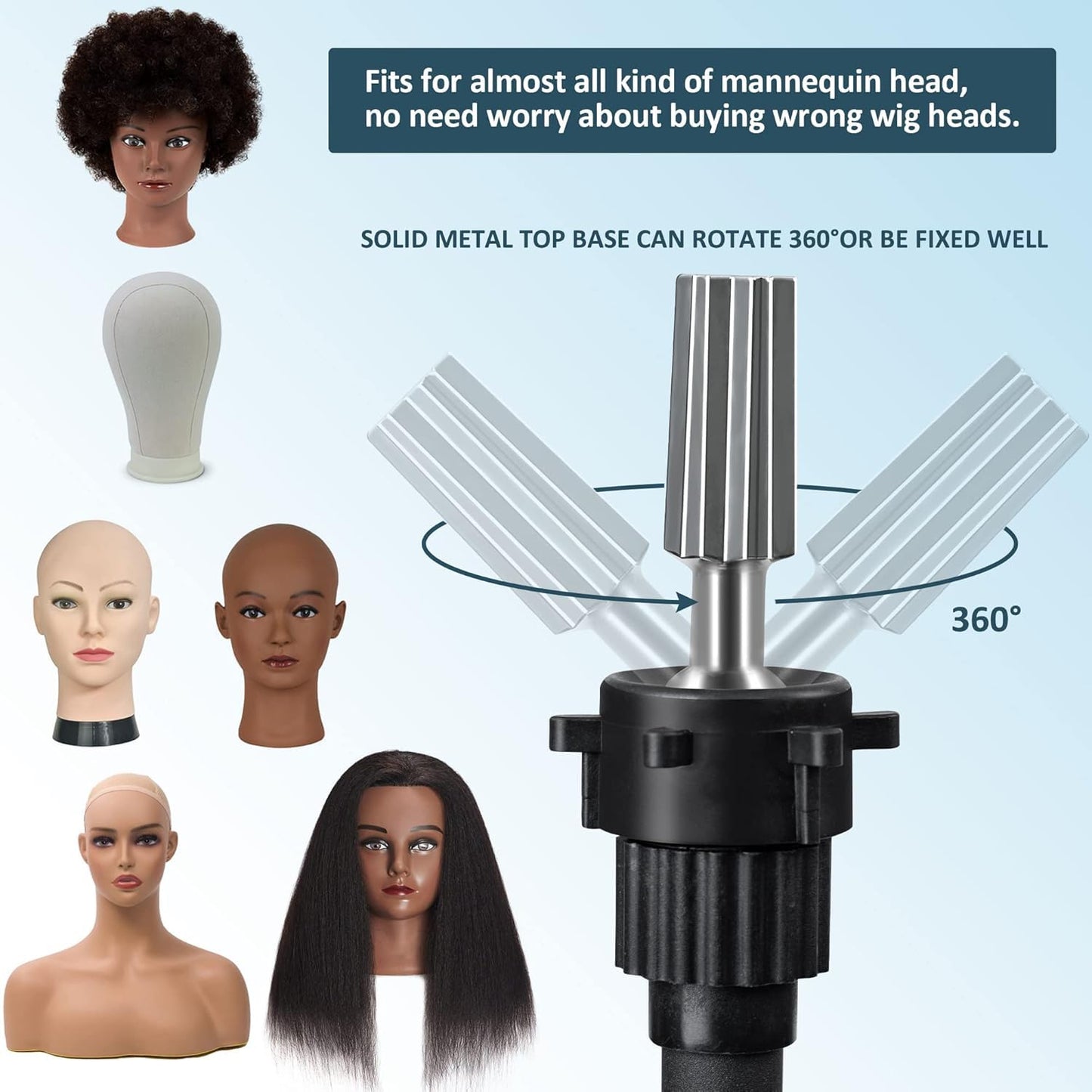 Klvied Wig Stand Tripod for Braiding Practice and Wig Styling, Adjustable 25-53.5 Inch Mannequin Head Stand with Tool Tray and Travel Bag, Fits Most Open-Bottom Heads, Black