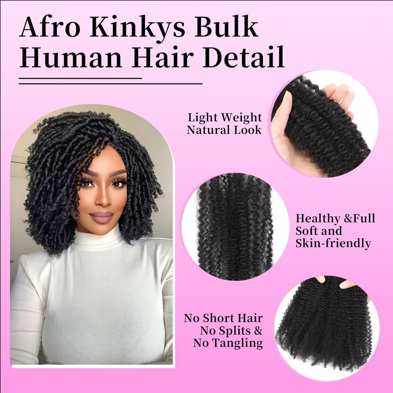 Geogroket Afro Kinkys Bulk Human Hair 30g/Pack for Mini Twist, Braiding Hair for Dreadlocks, Loc Repair, Twists, Dreadlock Extensions No Short Hair 18 Inch Natural Black