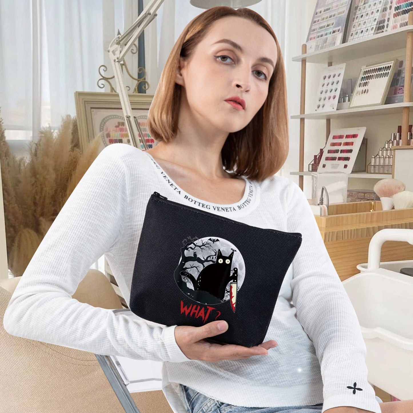 LEVLO Murderous Cat With Knife Cosmetic Make Up Bag Sneaky Cartoon Aminal Inspired Gifts Cat What Makeup Zipper Pouch Bag (C at What LT)