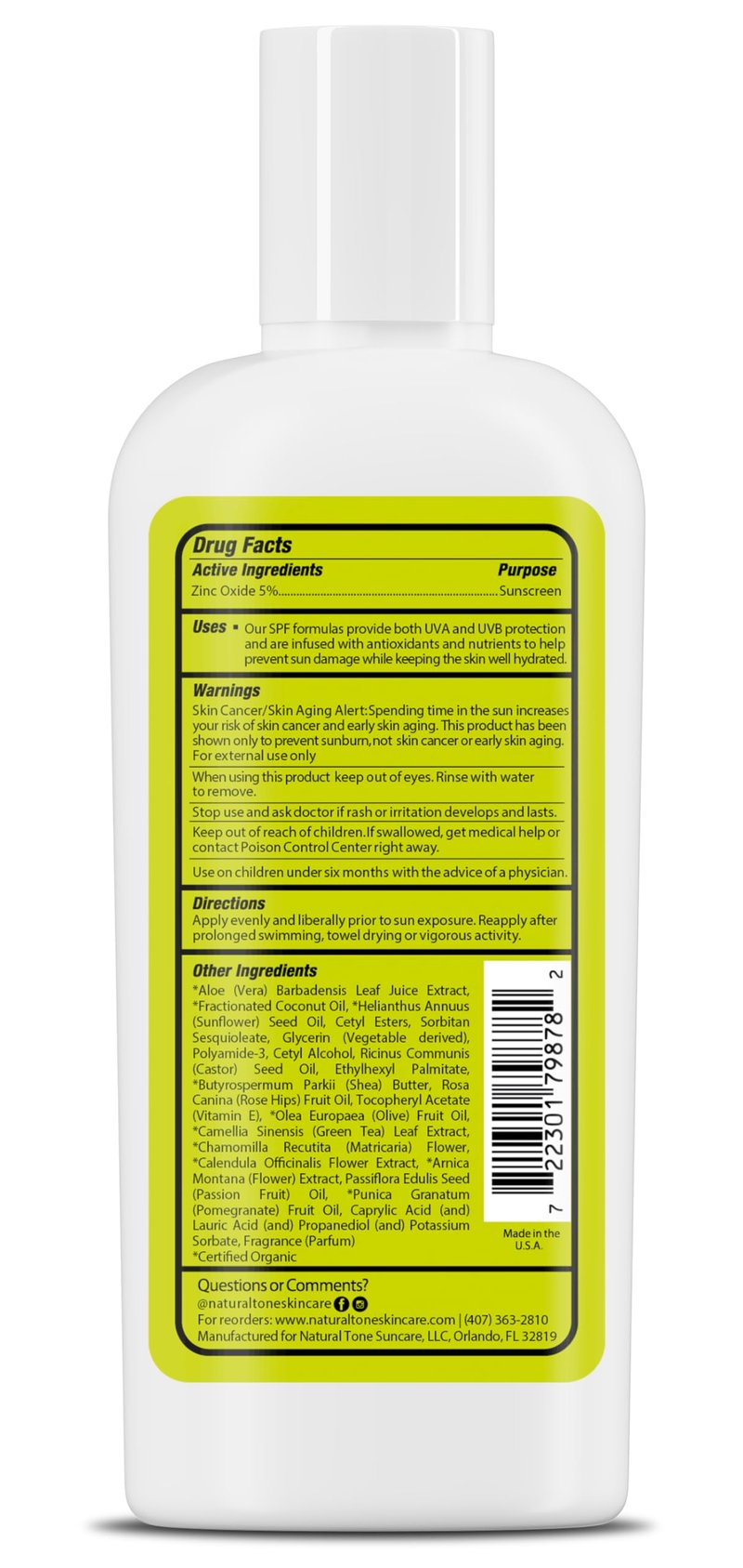 SPF8 Broad Spectrum Natural Sun screen, Soothing and Hydrating Mineral Sunscreen, Vegan, Paraben-Free Sunblock, Water-Resistant Sunscreen for Face and Body, 6oz - Natural Tone Organic Skincare