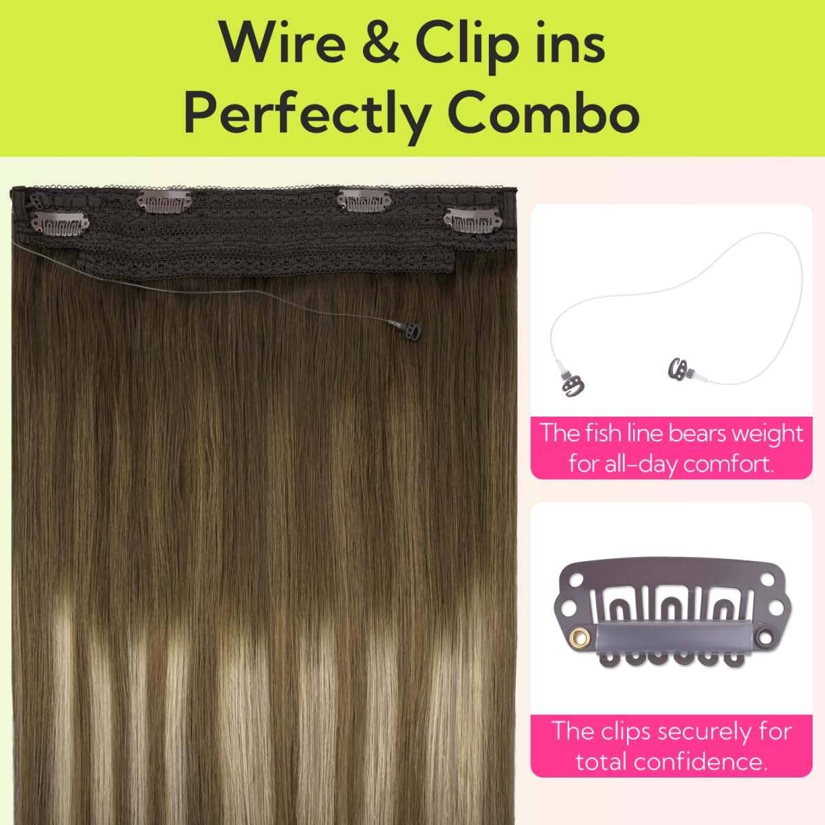 HOTBANANA Wire Hair Extensions, 12 inch 70g Walnut Brown to Ash Brown and Bleach Blonde Fish Line Extensions Remy Real Human Hair Straight Invisible Soft Skin Wire Weft Silky for Women