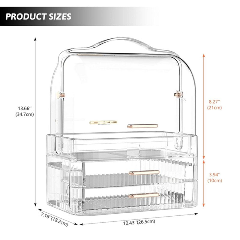 EachDusto Clear Cosmetics Storage Box Transparent Lid Large Makeup Organizer Box Drawers Portable Handle Waterproof Dustproof Skincare Display Cases for Countertop Bathroom Dresser Gift