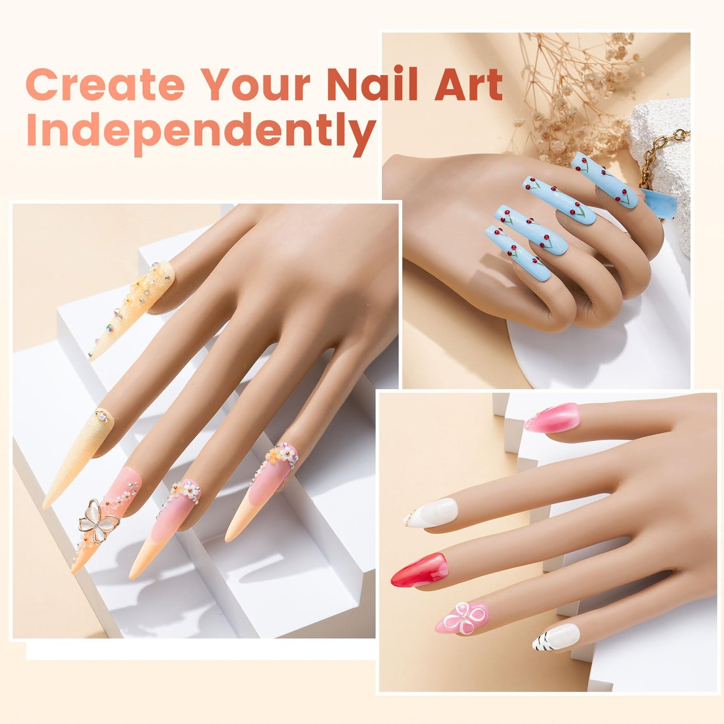 Wilfniee Practice Hand for Acrylic Nails: Nail Tips Won't Fall off Fake Hand for Nail Practice - Flexible Practice Nail Hand With 200PCS Nail Tips for Beginners Salon