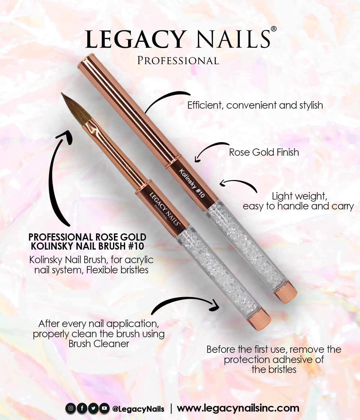 Legacy Nails Professional Rose Gold Kolinsky Nail Brush #10 - Perfect For Sculpting Acrylic Nail Extensions Flexible bristles Light weight