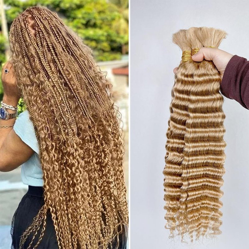 Human Braiding Hair 27#Honer Blonde Deep Wave Bulk Human Hair For Braiding Hair Extensions No Weft 1 Bundle 100g Micro Braiding Human Hair for Boho Knotless Braids Human Hair (16 Inch,27#,100g)