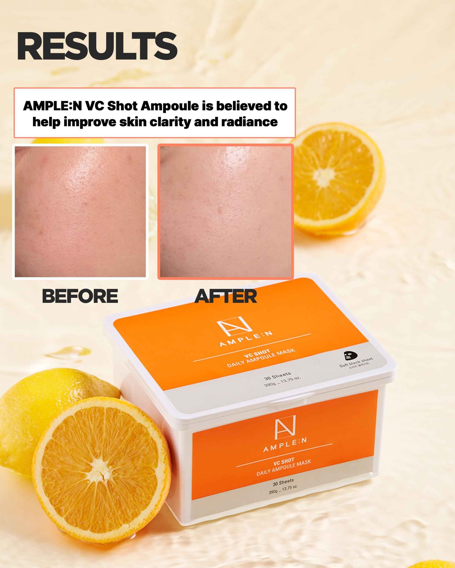 VC Shot Daily Ampoule Mask - Korean Face Sheet Masks with Vitamin C for Radiant Skin Tone Daily Facial Treatment with Niacinamide for Hydration & Complexion Enhancement, 30 Sheets
