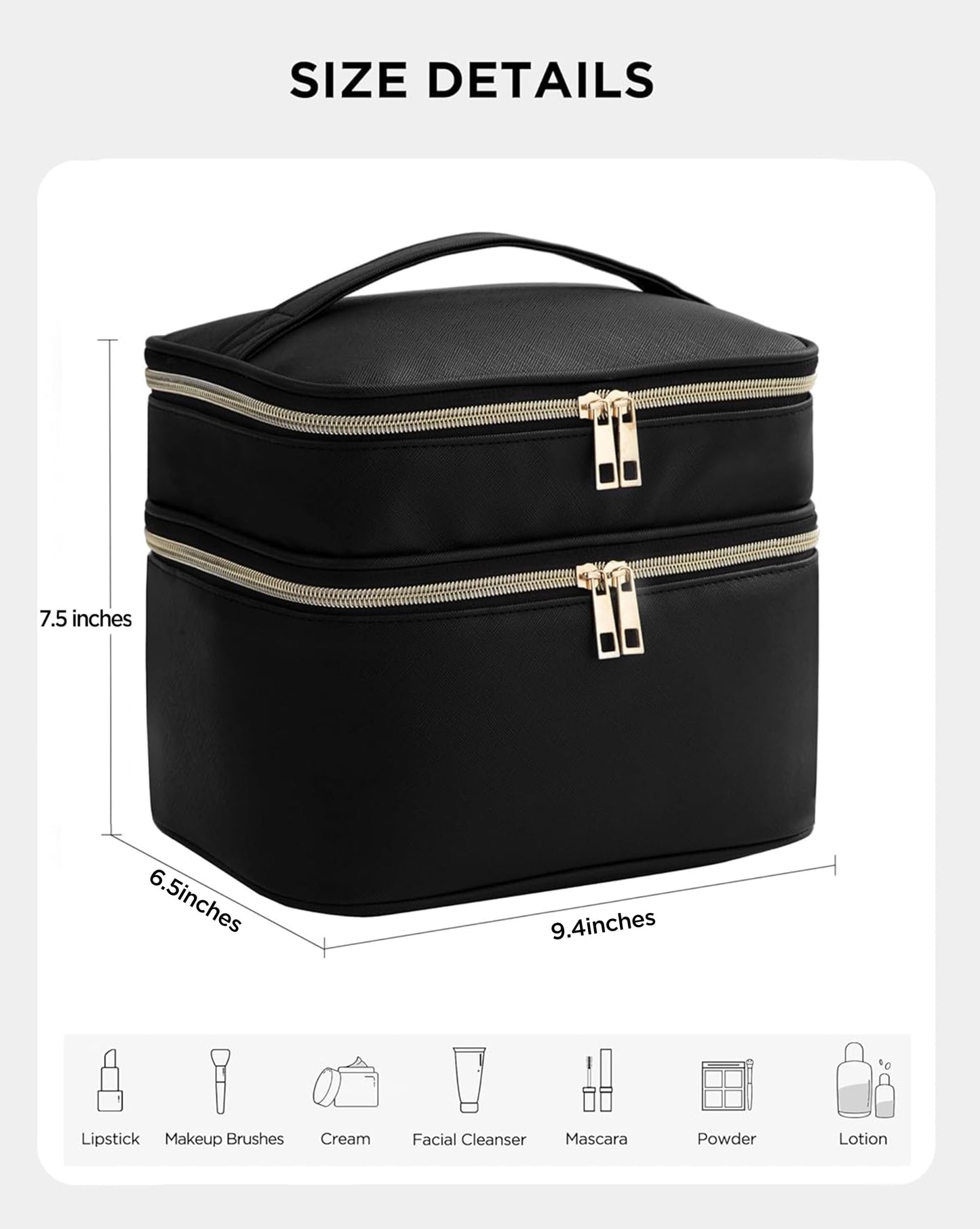 HBlife Extra Large Double Layer Travel Makeup Bag Portable Leather Cosmetic Bag Make Up Bag Makeup Case Organizer Toiletry Bag for Women Girls with Handle, Removable Divider and Shoulder Strap (Black)