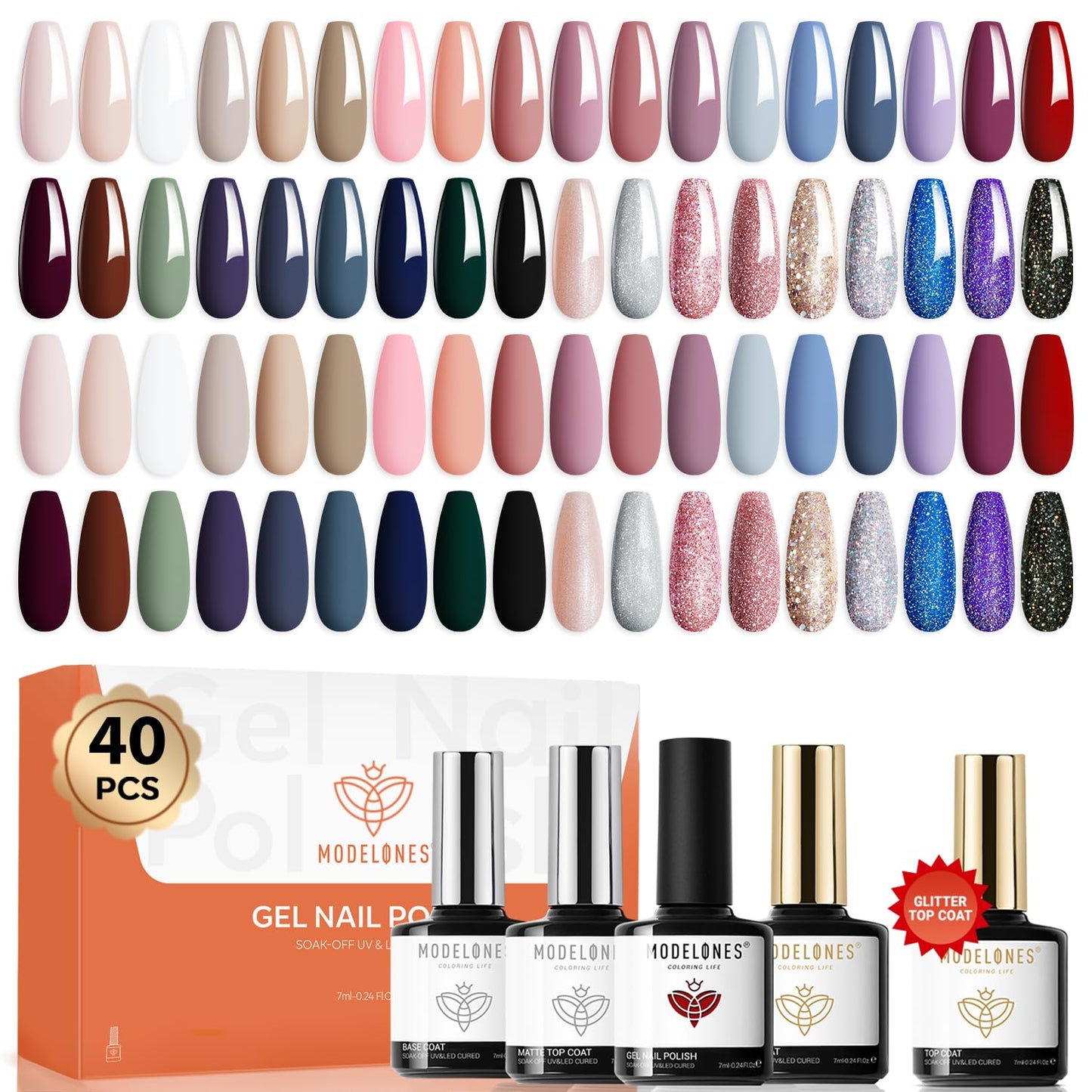 Modelones 40 Pcs Gel Nail Polish Set - 36 Colors for Fall/Winter | Nude, Brown, Burgundy, Red, Blue, Black, Glitter, Base & Top Coats