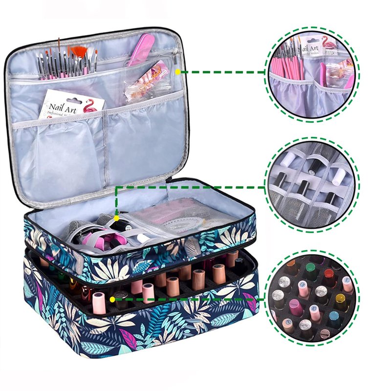 LYFFXYH Double-Layer Nail Polish Organizer-Holds 42 Bottles, Nail Polish Storage with Handle, Nail Bag Organizer Case for Professional Manicure Kit & Travel (Leaf, 42 Bottles-Small)