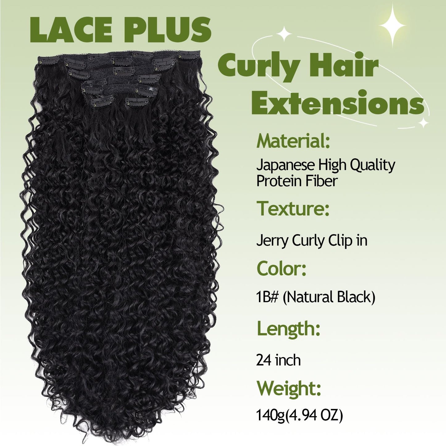 LACE PLUS Clip In Hair Extensions - 140G 7Pcs Synthetic hair Natural Black Clip in Jerry Curly Hair Extensions for Black Women Jerry hair extension Hairpieces (1B# 24 Inch)(Pack of 7)