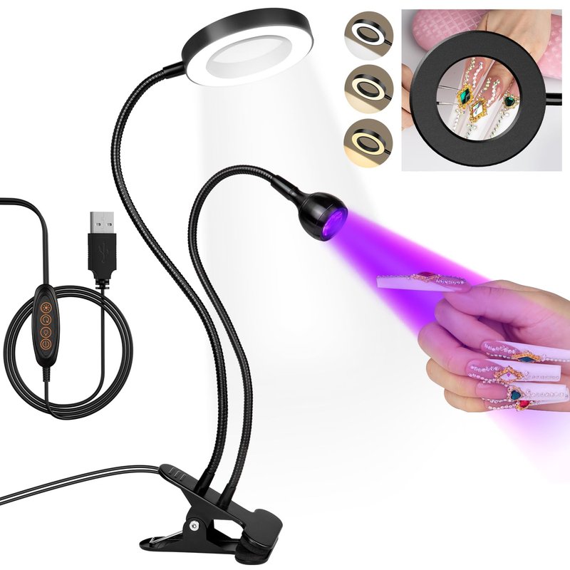 AORAEM LED UV Nail Lamp: Double-Headed Gooseneck UV Lamp for Gel Nails, LED Flash Cure Light with 6X Magnifier Home DIY Salon, Black