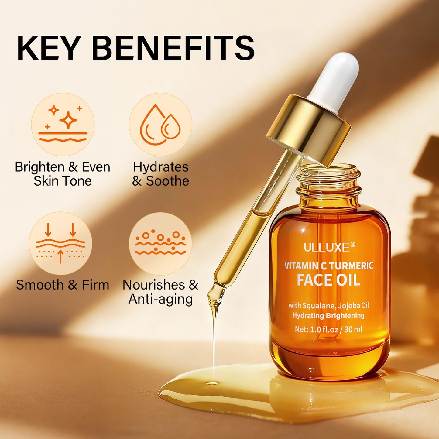 Vitamin C Turmeric Face Oil, Brightening & Hydrating Facial Oil, Nourishing & Anti-Aging with Jojoba Oil & Squalane for Dark Spots, Dry Skin, Wrinkles & Uneven Skin Tone, for All Skin Types, 1 Fl Oz