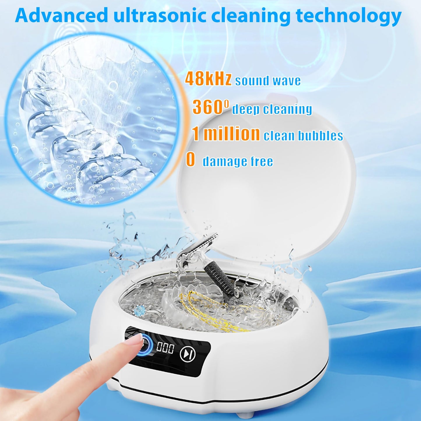 YINPAD Ultrasonic Retainer Cleaner Machine,48 kHz Ultrasonic Cleaner,700ML Portable Ultrasonic Cleaner for Braces, Mouth Guards, Aligner, Toothbrush, Glasses, Jewelry(White)