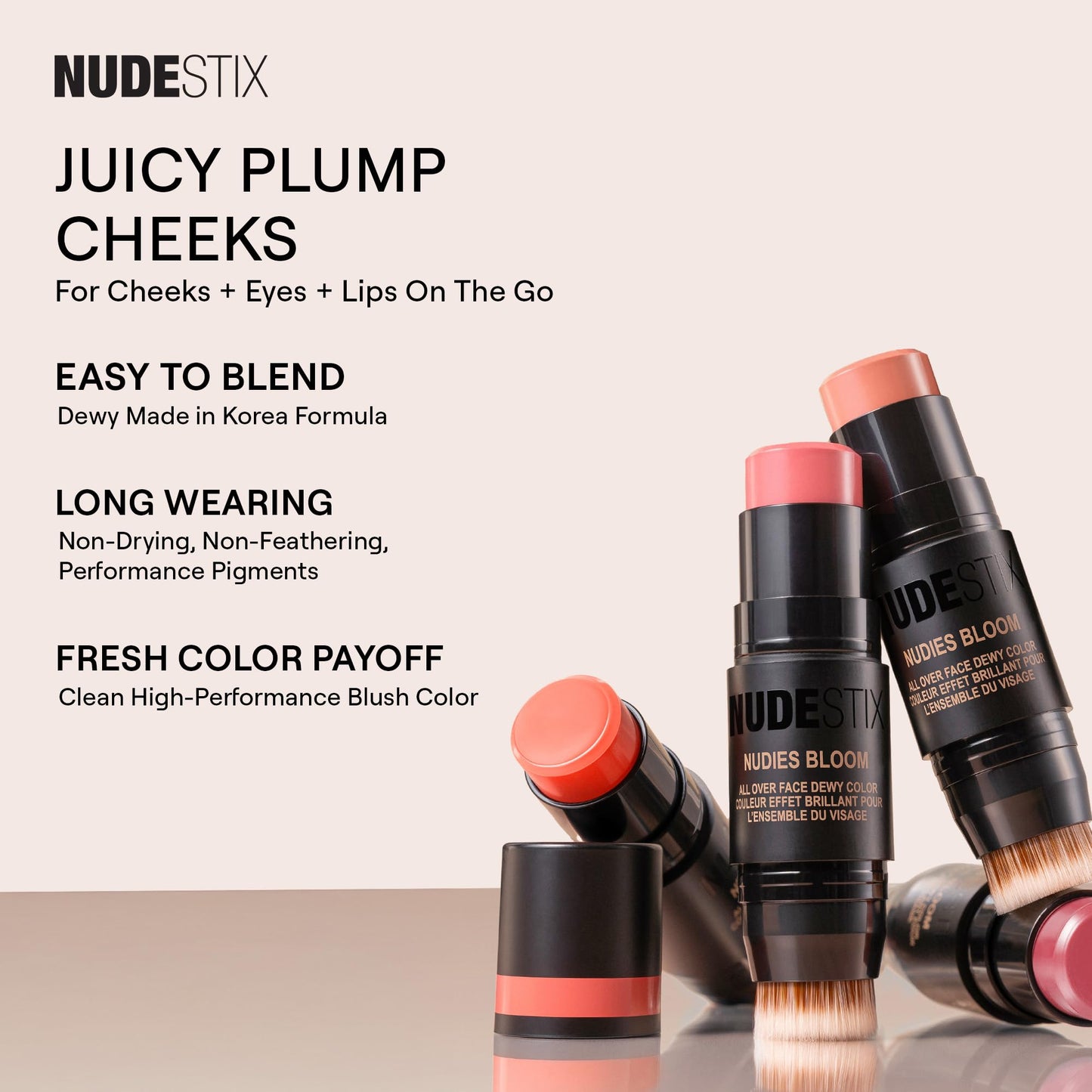 Nudestix Nudies Bloom All Over Dewy Color – 3-in-1 Cream Blush Stick for Cheeks, Eyes & Lips with Built-In Brush | Sheer, Glossy Finish | Vegan, Long-Wear, Multi-Use Makeup (Bohemian Rose)