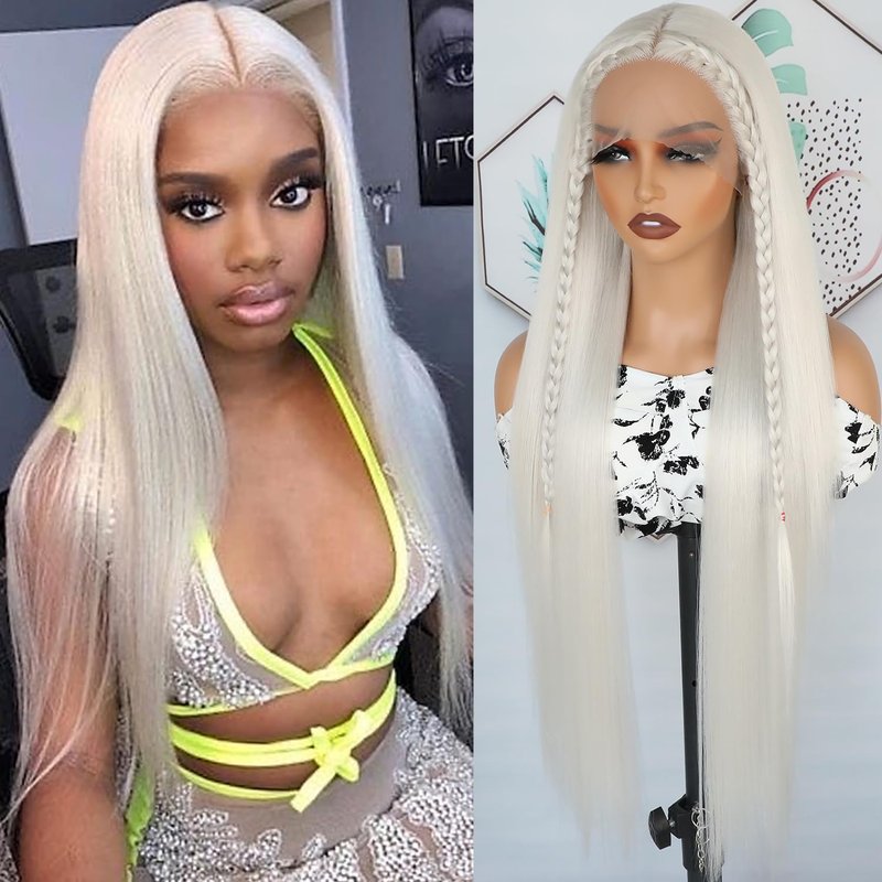 Lezaxiu 30 Inch Platinum White Lace Front Wigs Pre Plucked Long Straight Hair Wig Glueless White Colored Wigs Heat Resistant Synthetic Lace Front Wigs for Black Women