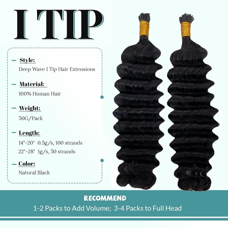 Deep Wave I Tip Hair Extensions - Brazilian Pre-Bonded Keratin | 100 Strands, 18" for 3C & 4A Afro Curly Hair