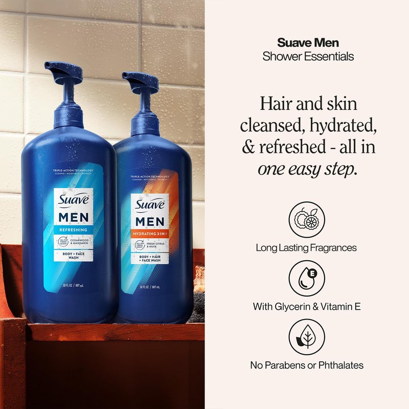 Suave Men Shower Essentials Variety 3-Pack – Energizing Sport, Hydrating 3-in-1 Hair + Body + Face Wash and Refreshing Cleanser, 30 Oz Each