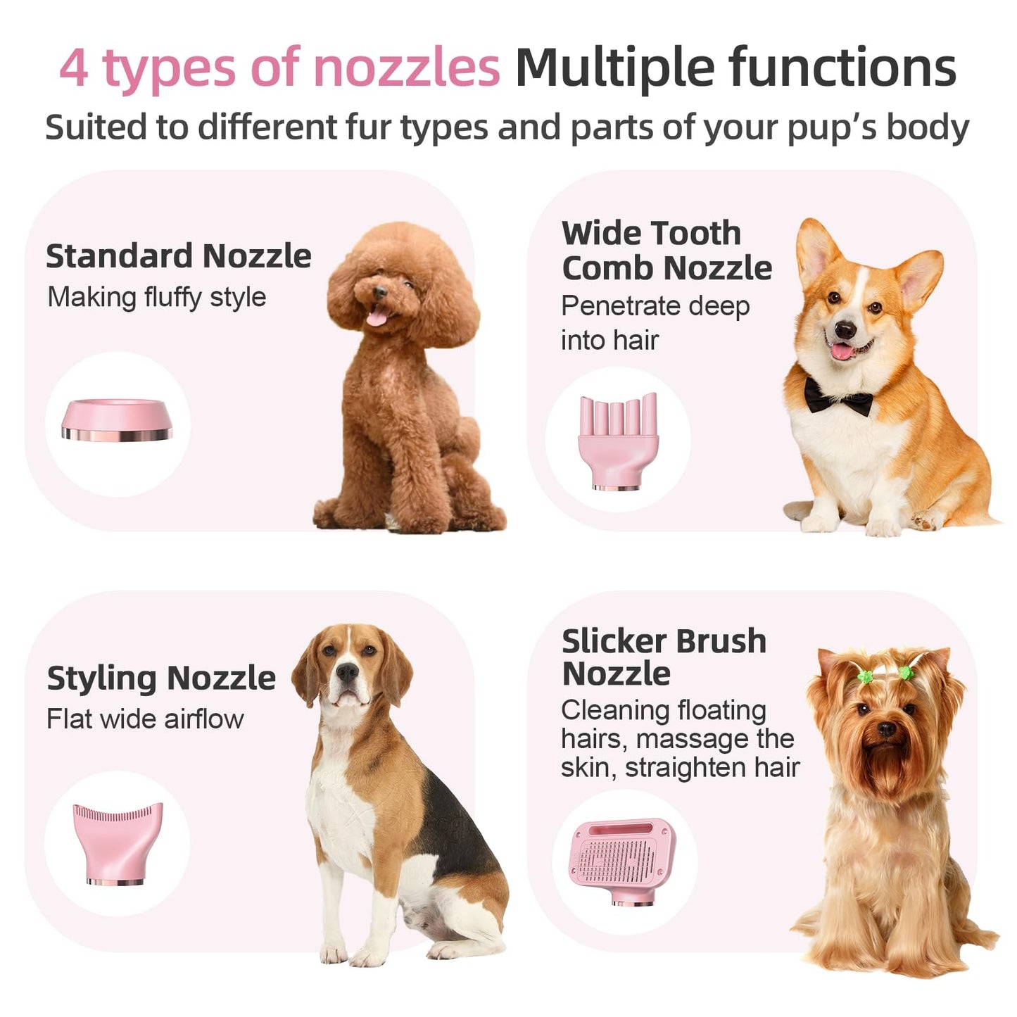 Morlivan Dog Hair Dryer with Slicker Brush, High Velocity Pet Blow Dryer for Grooming, Low Heat Low Noise Dog Grooming Supplies for Home Use, Includes 4 Nozzles for Drying & Brushing, Gray