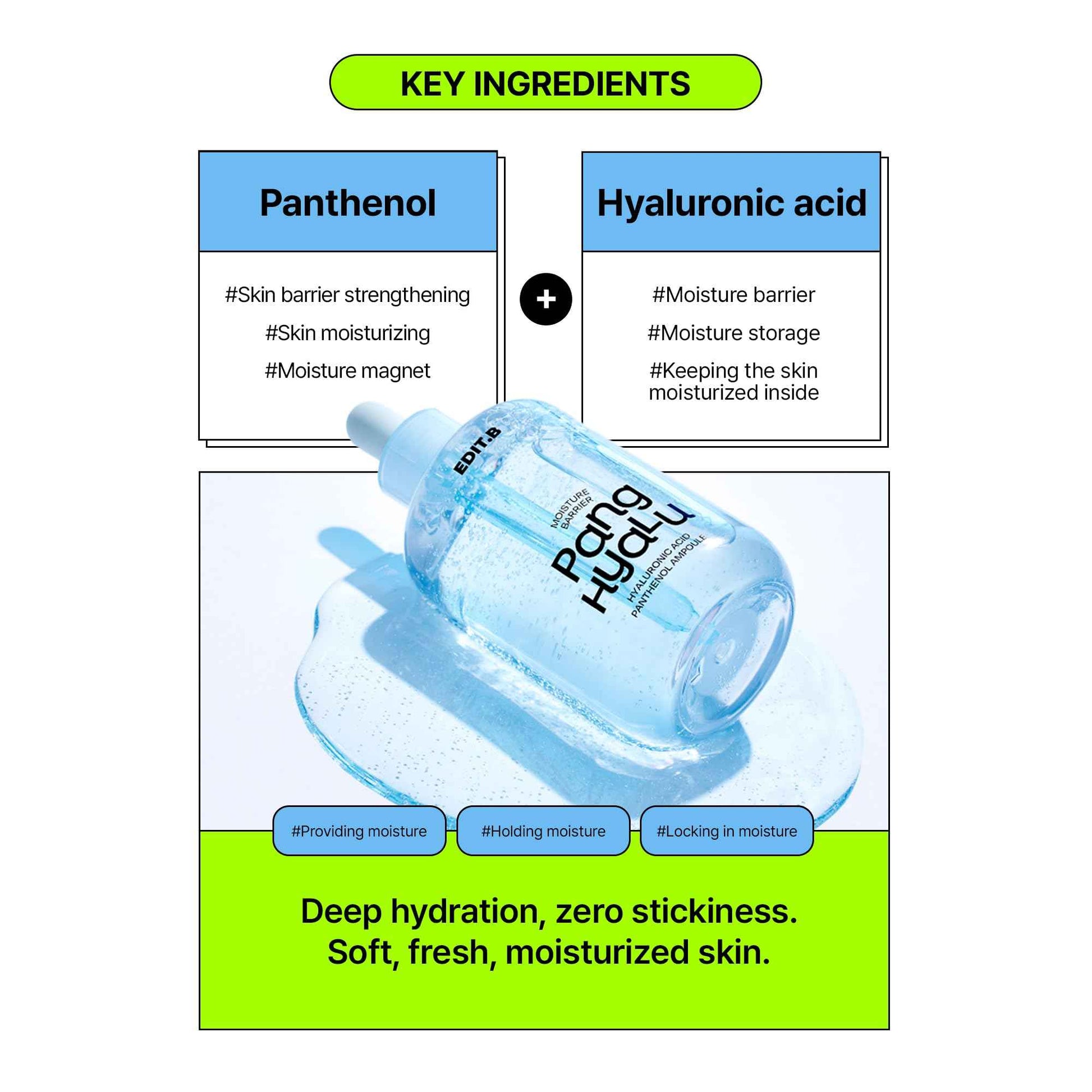 EDIT.B Moisture Barrier Pang Hyaluronic Acid Panthenol Ampoule, Long-Lasting Deep Hydration Lightweight Facial Moisturizing Serum, Soothing and Hydrating, Korean Daily Skin Care, 3.38 fl.oz (100ml)