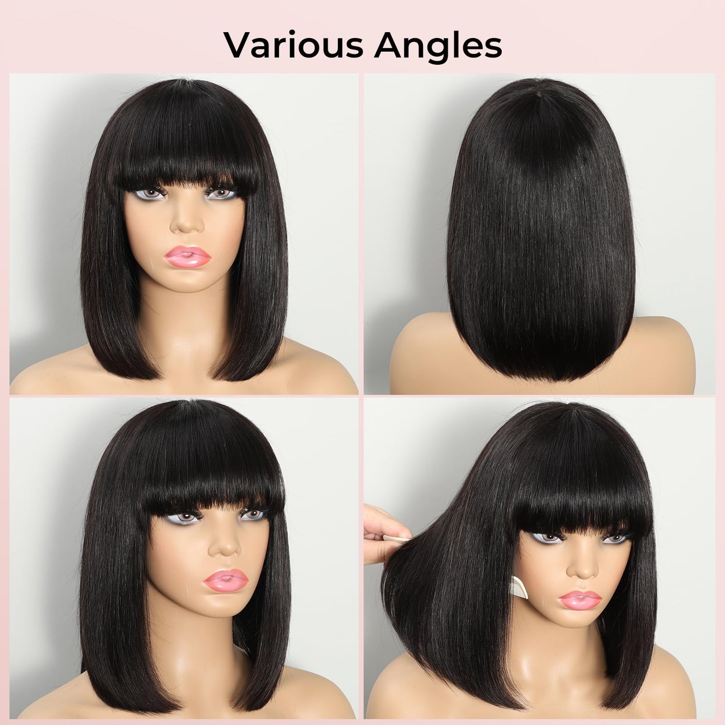 KEPWIN Bob Wig with Bangs Human Hair Wig 2x1 Closure Transparent Lace Bob Glueless Wigs Human Hair Short Wigs Straight Wigs for Black Women Wear and Go Natural Black 180% Density 10Inch