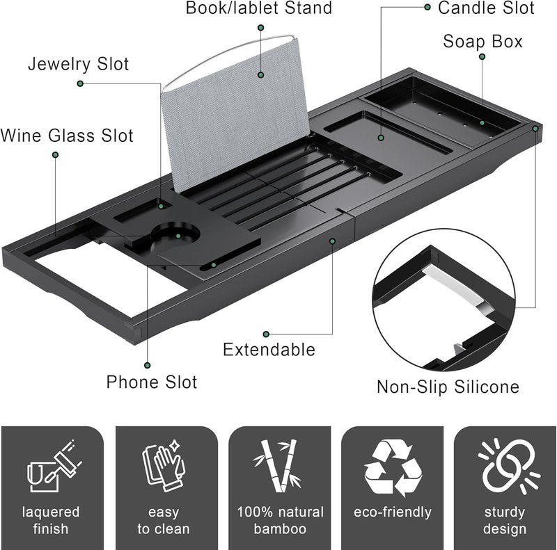 Foldable Bathtub Caddy Tray - Bamboo Expandable Bath Table for Relaxing Soaks | Black