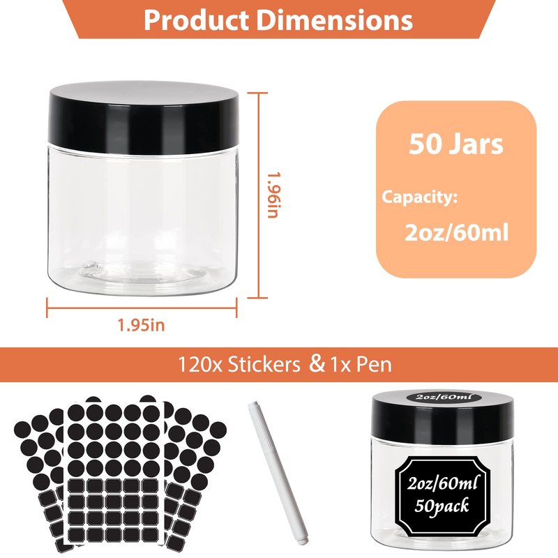 Betrome 50pcs 2 oz Clear Plastic Round Jars with Black Lids, 2oz 60ml Leak-Proof Wide-Mouth Cosmetic Storage Containers for Kitchen Use, Beauty Products, Cream, Scrubs, Bath Salt and More
