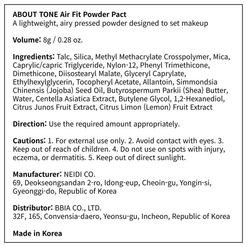 ABOUT TONE Powder Pact - Pressed Powder Compact with Mirror and Puff Makeup Fixing Setting Natural Blur Semi-Matte Finish Transparent Face Tone-Up Oil & Sebum Control Vegan (AIR FIT POWDER PACT)