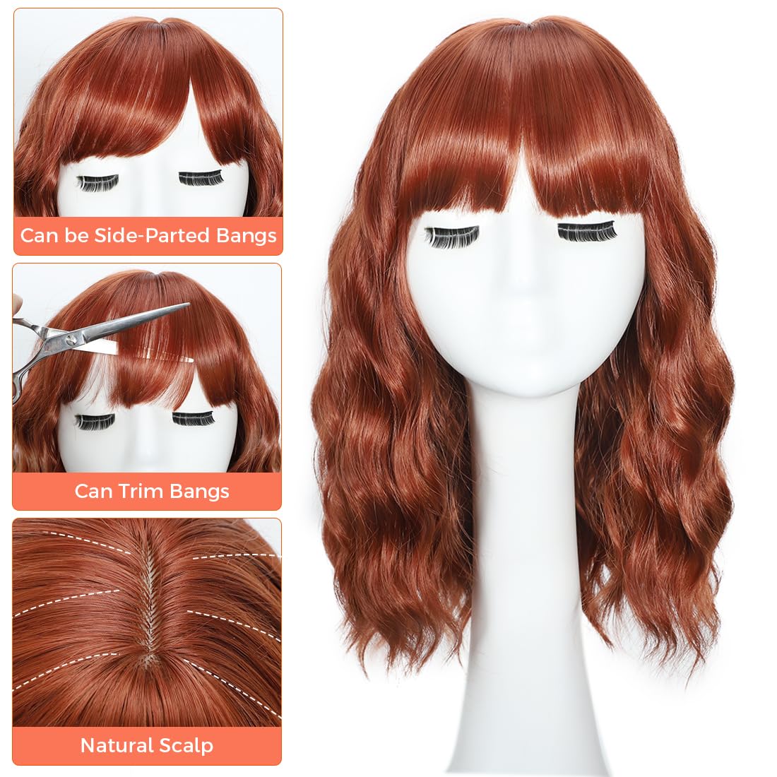 iAelev Wigs With bangs Brown Highlight 12 Inch Short Length Wigs for Women - Middle Part Synthetic Wavy Hair with Upgraded Strands, Natural Hair for Daily Party & Halloween Use793-X33H30