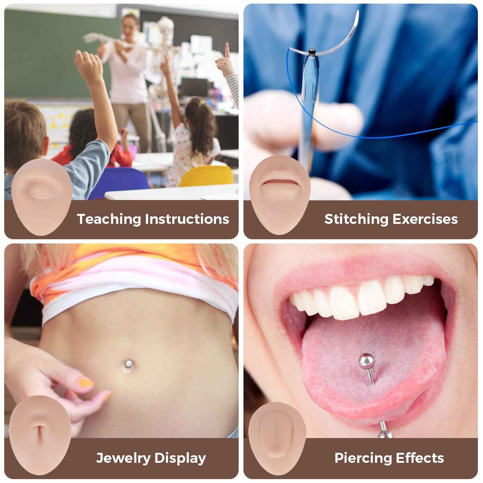 7Pcs Soft Silicone Flexible Model Body Part Displays Set, Body Piercing Practice Model Simulation Ear Eye Nose Mouth Tongue and Belly Button Model for Novice Piercer (Medium Fleshcolor)