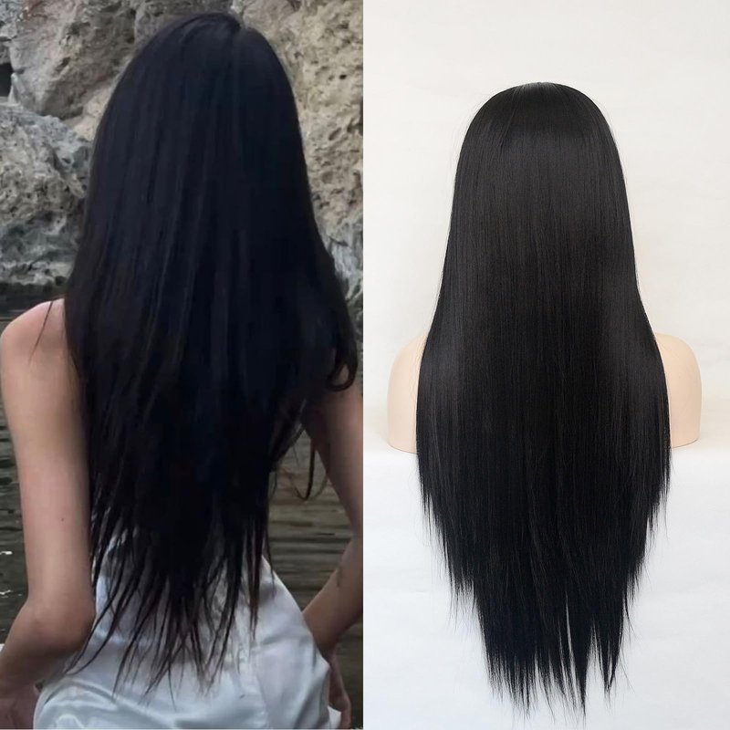 Jozlynn Black Synthetic Lace Front Wig Long Straight Preplucked Hairline Heat Resistant Glueless Wigs Free Parting for Women (Black, 22 inch)