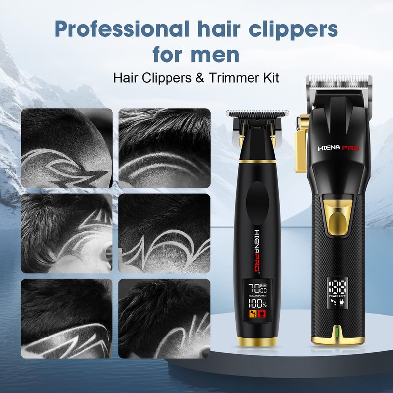 HIENA PRO Professional Hair Clippers Set for Men Cordless Barber Kit Hair Cutting Set Rechargeable Clippers and Trimmers Set Hair Cutting Kit with LED Display, USB Charging, Gifts for Men, (Black)
