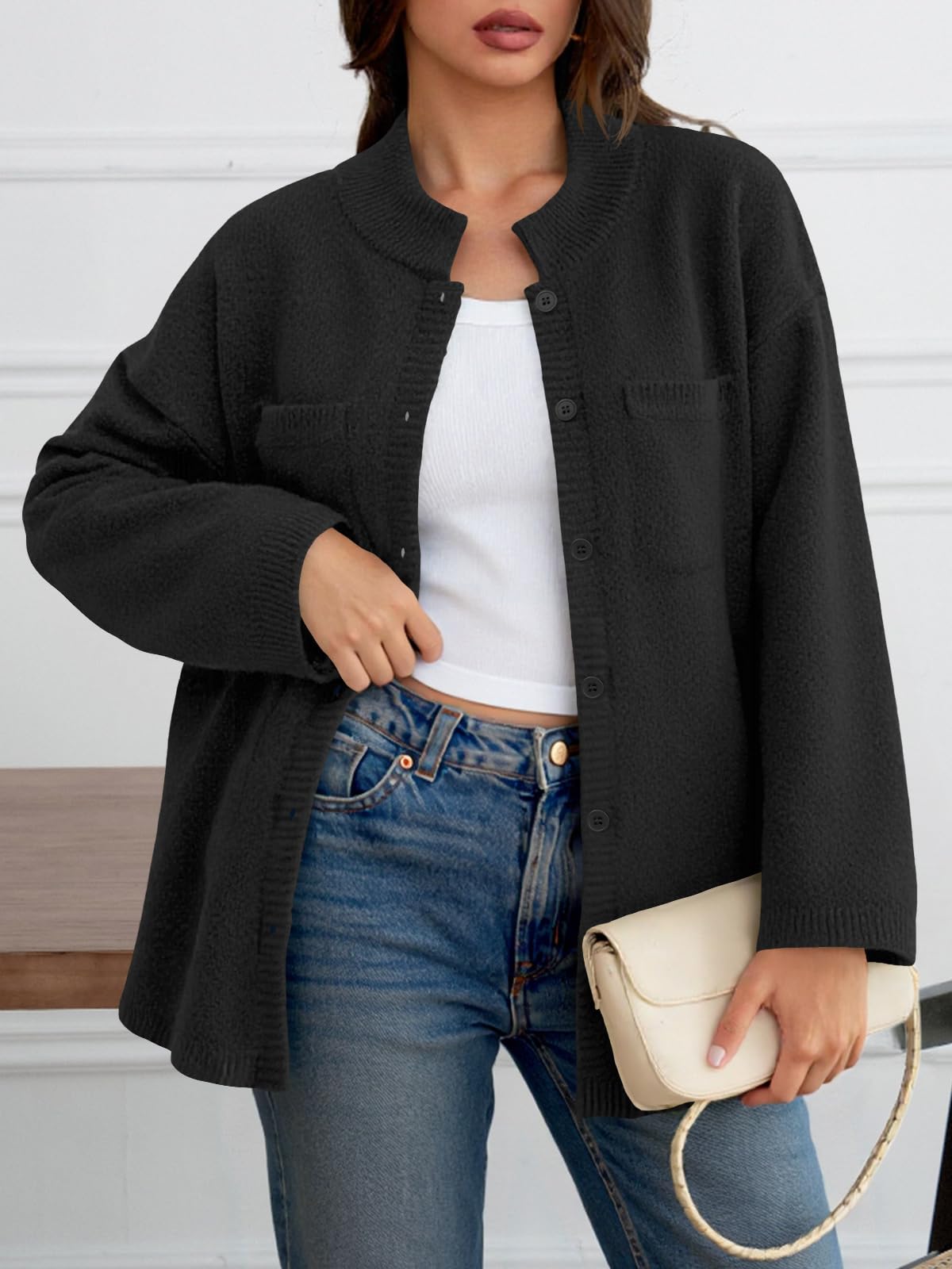Saodimallsu Womens Collared Cardigans Button Down Fall Sweater Jackets Oversized Casual Long Sleeve Knit Shirts