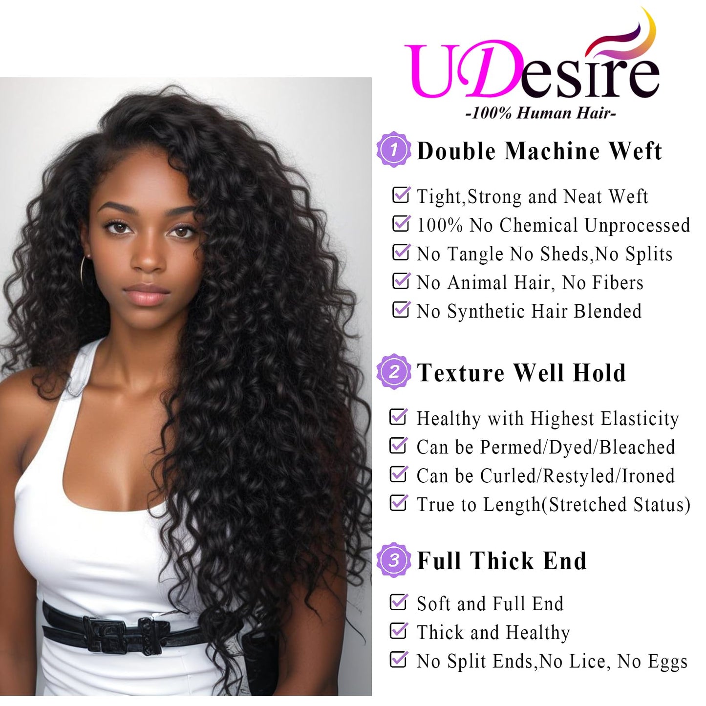 UDesire Water Wave Human Hair Bundles 12A Human Hair Bundles 24 inch Wet and Wavy Hair Double Weft Burmese Curly Hair Extensions for Women