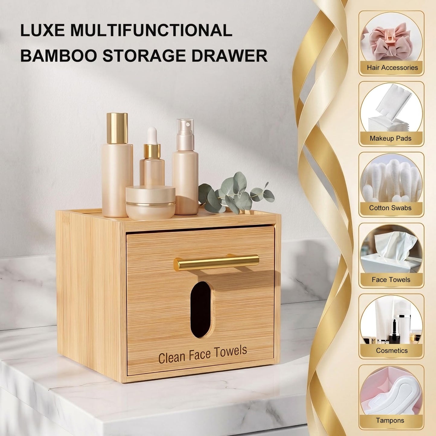 BSSN Disposable Face Towel Holder, Bamboo Clean Towels Xl Holder with Cotton Swab Container and 60ct Towels, Countertop Skincare Organizer, Bathroom Vanity Storage Box for Face Tissues, Makeup Pads