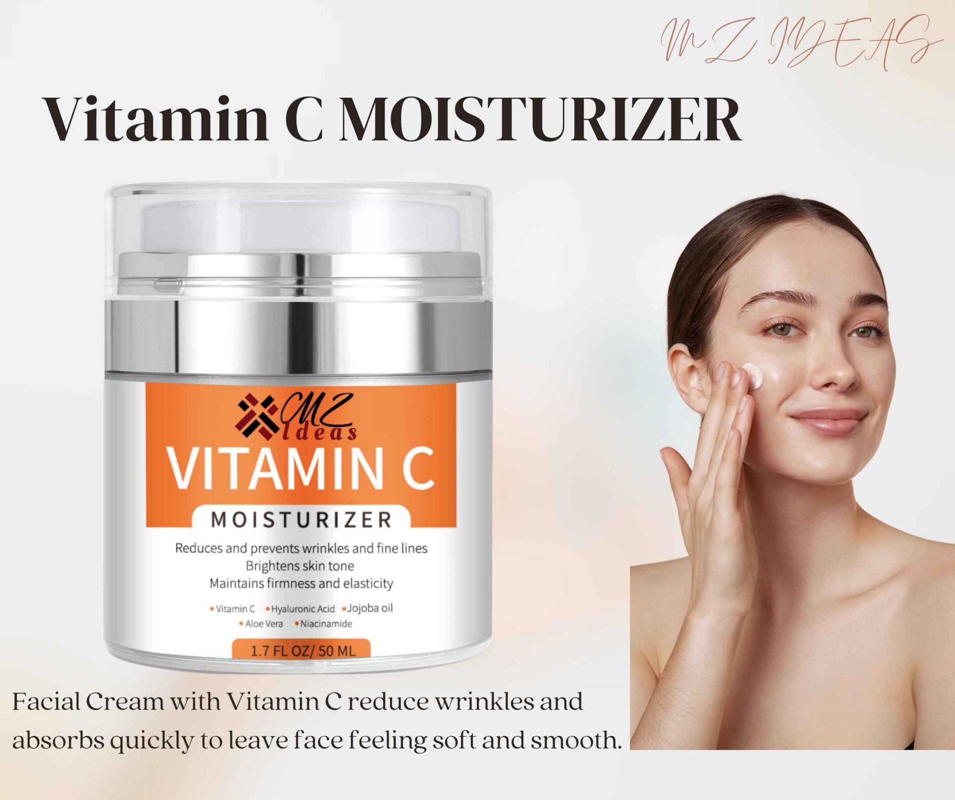 MZ Ideas Vitamin C Moisturizer face Cream - Neck and Decollete, Brighten skin - Reduces Wrinkles and fine lines, deep hydration and firming - Made in USA, 1.7 fl oz