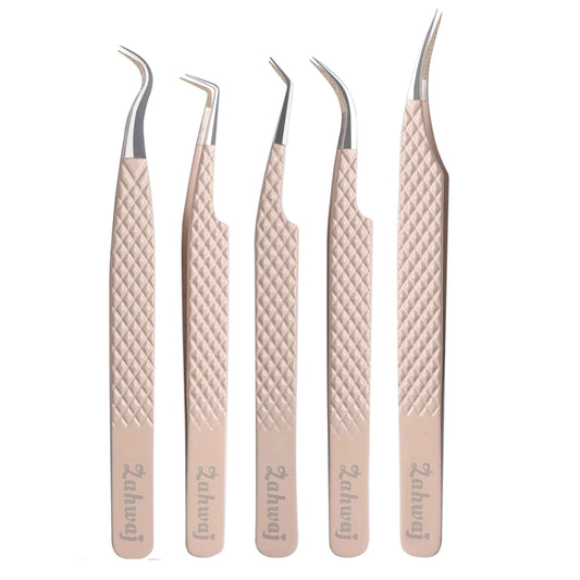 ZAHWAJ Fiber Tip Lash Tweezers - Set of 5 Diamond Grip Eyelash Extension Tweezers, Japanese Stainless Steel Tweezers Set for Volume, Isolation & Classic Lashes (Beige)
