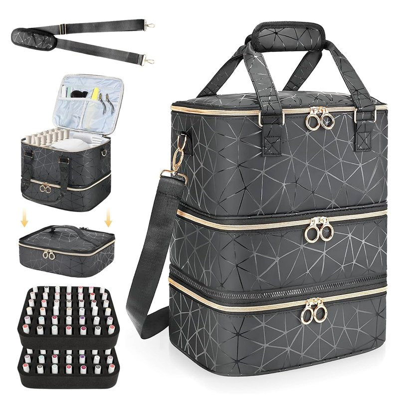 Nail Polish Organizer Bag, 3 Layers Detachable Nail Organizers and Storage, Nail Supplies Organizer, Travel Makeup Bag, Pu Leather Nail Polish Holder Carrying Case Box Holds 84 Bottles & nails Lamp