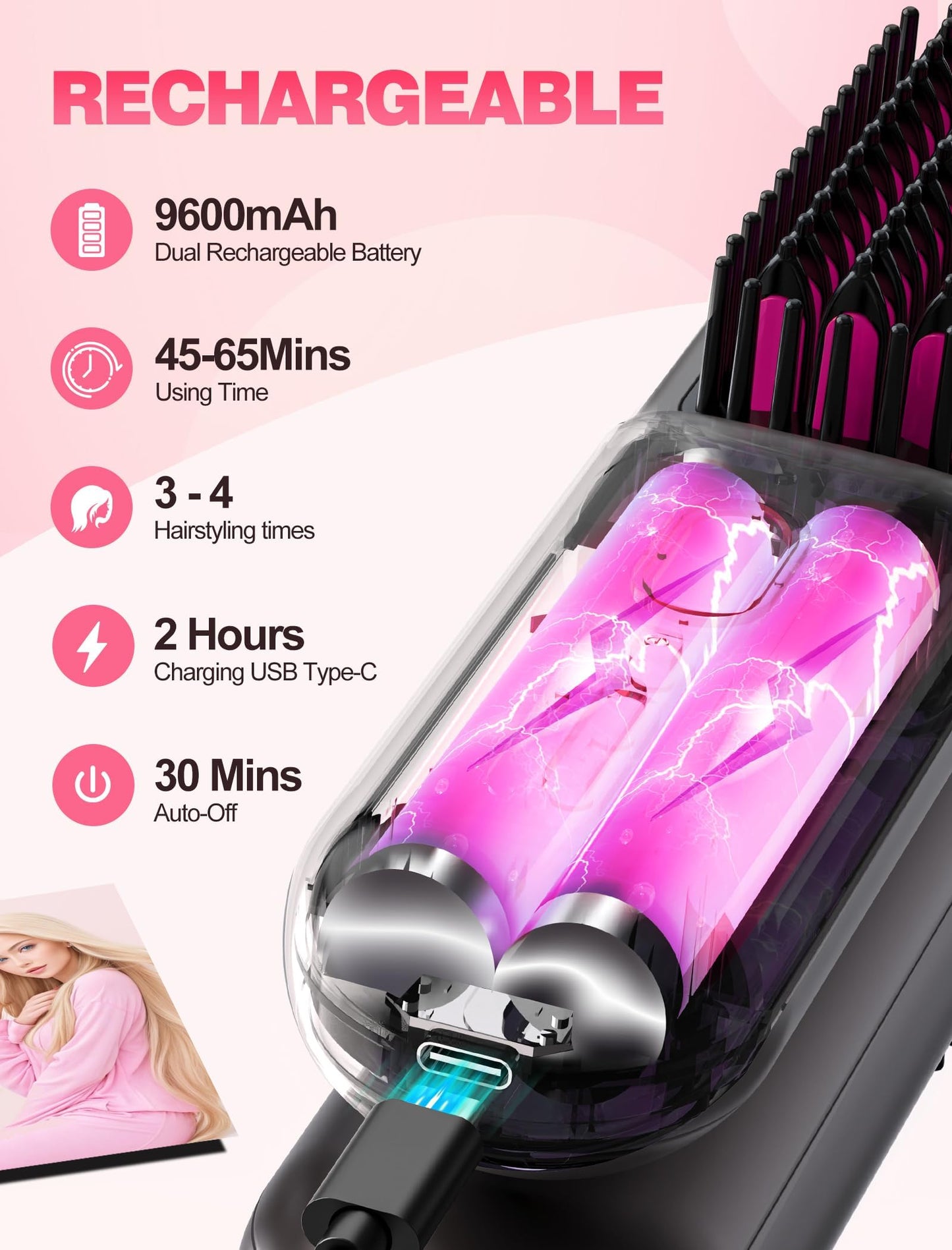 Cordless Hair Straightener Brush for Travel,Mini Hair Straightener Comb with Negative Ion,Portable hot Brush Hair Straightener for Women, Rechargeable 9600mAh Battery, Anti-Scald,12 Temp-Setting