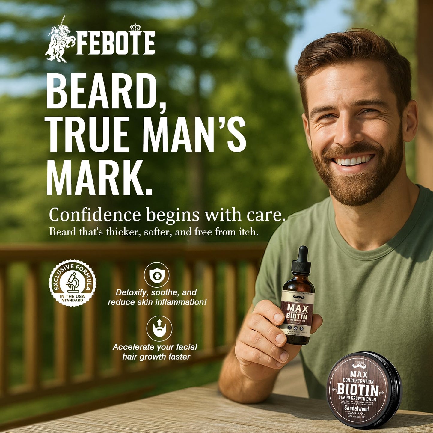 FEBOTE 4X Concentration Biotin Beard Kit for Men – Unscented Oil & Sandalwood Balm Set (2 Pack) – Moisturizes, Softens & Promotes Growth – Premium Beard Grooming Gift for Father’s Day or Him