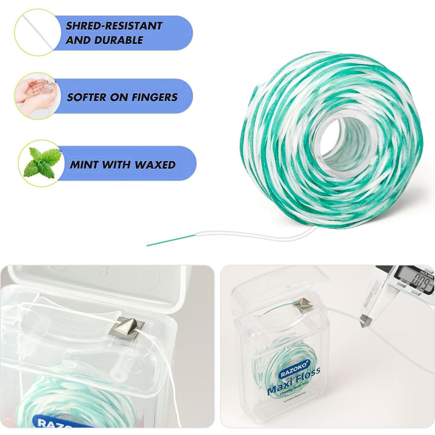RAZOKO Threader Floss for Braces,Implants and Wide Tooth Gaps-130 Count Pre-Measured Strands 2-in-1 Expanding Waxed Dental Floss for Deep Clean,Gentle for Adults & Kids,Light Mint Flavored